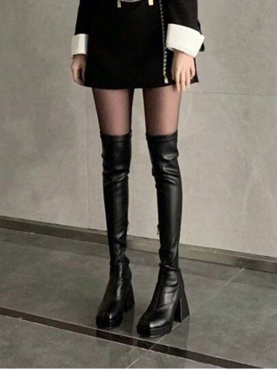 女款黑色雙拉鍊設計過膝靴，秋季風格