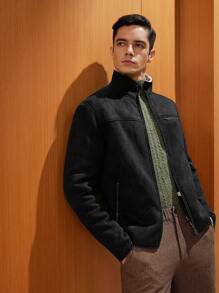 Manfinity NiteLyfe Men Casual Solid Color Stand Collar Thermal Lined Zip Up Jacket, Autumn/Winter - Black - View 2