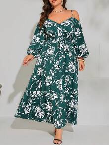 SHEIN VCAY 大碼印花挖肩繫腰帶洋裝 - 彩色 - 查看 3