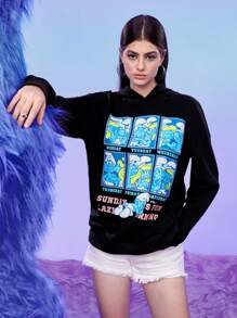 SHEIN X The Smurfs Unisex 1pc Slogan & Cartoon Graphic Drop Shoulder Hoodie - Black - View 5