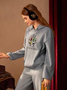 HARRY POTTER X SHEIN Chi tiết thêu Thả vai Dây rút Hoodie - Xám - Xem 7