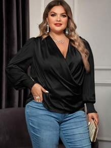 SHEIN Clasi 大碼交疊領燈籠袖緞面襯衫 - 黑色 - 查看 6