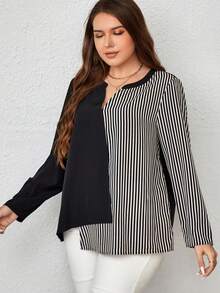 EMERY ROSE Talla grande Blusa con estampado de rayas bajo asimétrico - Blanco y Negro - Ver 3