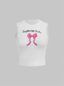 SHEIN MOD Slogan & Bow Pattern Crop Tank Đan Top - trắng - Xem 1