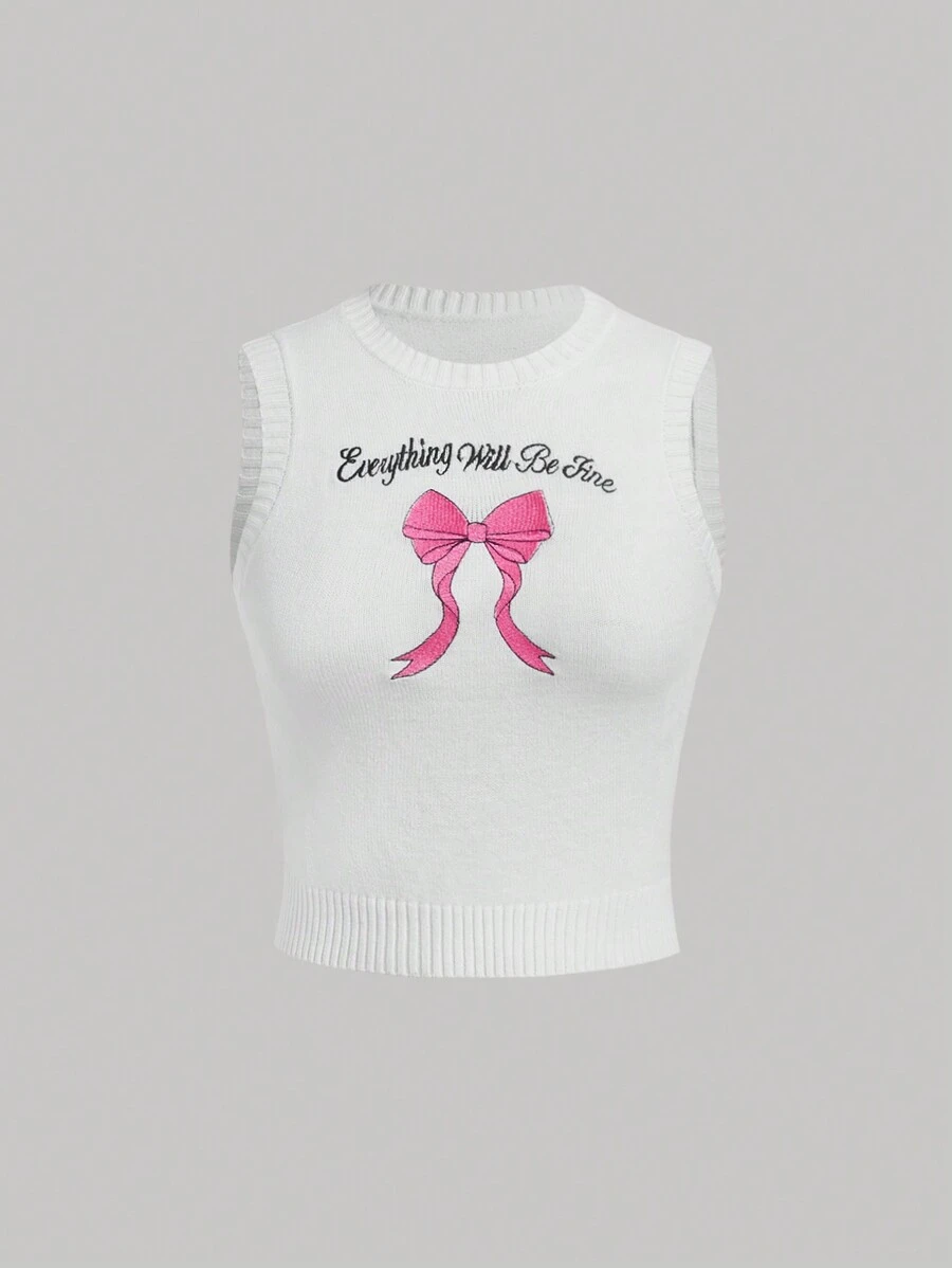 SHEIN MOD Slogan & Bow Pattern Crop Tank Đan Top - trắng - Xem 1