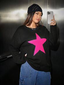 SHEIN Coolane Plus Star Pattern Drop Shoulder Sweater - Black - View 4