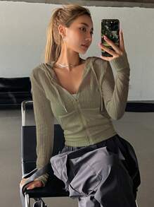 DAZY Dây kéo Dây rút áo có mũ Áo len crop - xanh quân đội - Xem 4