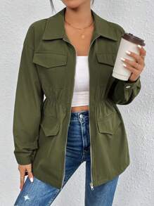 SHEIN Essnce Flap Pocket Drop Shoulder Zipper Coat - Army Green - View 3