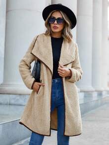 SHEIN Clasi Abrigo teddy de cuello cascada unido en contraste - Albaricoque - Ver 4