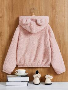 SHEIN 女大童拉鏈開襟落肩袖連帽法蘭絨夾克 - 粉色 - 查看 2