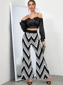 SHEIN Privé Chevron Print Flare Leg Pants - Black and White - View 4
