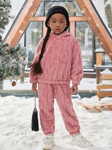 Young Girl 3D Ear Design Flannel Hoodie & Pants - Pink - View 3