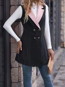 SHEIN LUNE 拼接西裝領雙排釦外套馬甲 - 黑色 - 查看 3