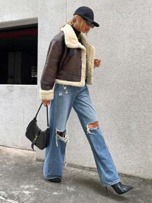 GENKIRA Teddy Lined PU Leather Jacket Faux Leather Aviator Jacket With Borg Lining  - Brown - View 3