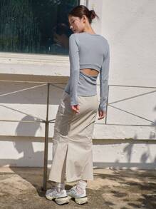 DAZY Áo thun dệt kim gân trơn tay dài cho nữ - Màu xanh nhạt - Xem 5