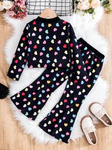 SHEIN Young Girl Heart Print Tee & Flare Leg Pants - Black - View 5