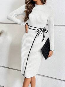 SHEIN Privé Contrast Binding Belted Bodycon Dress - White - View 5