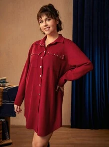 HARRY POTTER X SHEIN 字母圖案襯衫裙（大尺寸） - 酒紅色 - 查看 3