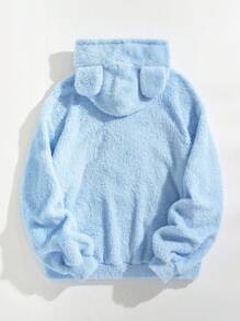 SHEIN EZwear 小熊刺繡 3D 耳朵設計落肩泰迪連帽衫 - 藍色 - 查看 2