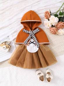 SHEIN Baby Girl Checkerboard Print Dress & Hooded Cape Coat & Scarf - Khaki - View 4