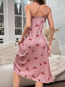 Cherry Print Ruffle Trim Cami Pajama Nightdress Long Dress - Pink - View 2