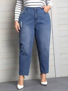 SHEIN Privé Plus Zipper Fly Tapered Jeans - Blue - View 4