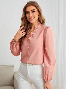 SHEIN Frenchy Frill Trim Lantern Sleeve Blouse - Pink - View 5
