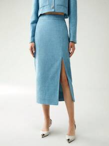Chiquease High Waist Split Thigh Tweed Skirt - Blue - View 1