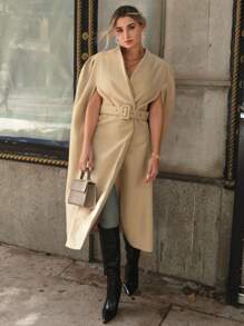 SHEIN Privé Shawl Collar Belted Overcoat - Apricot - View 3