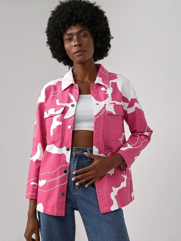 Designer Letter Graphic Flap Pocket Drop Shoulder Jacket