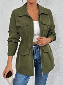 SHEIN Essnce Flap Pocket Drop Shoulder Zipper Coat - Army Green - View 4