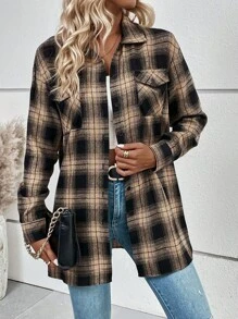 SHEIN Unity In kẻ sọc Thả vai Túi có nắp Áo sơ mi - Màu vàng - Xem 4