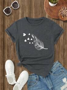 INAWLY Heart & Feather Print Tee Graphic Tees Women Tops