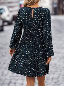 SHEIN LUNE Dalmatian Print Lantern Sleeve Ruffle Hem Smock Dress - Dark Green - View 2
