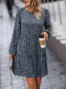 SHEIN LUNE 豹紋印花荷葉邊娃娃裙 - 霧霾藍 - 查看 1