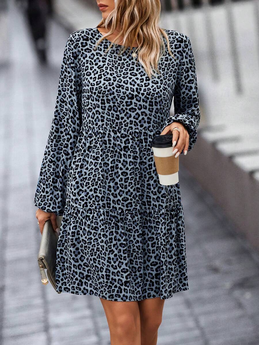 SHEIN LUNE 豹紋印花荷葉邊娃娃裙 - 霧霾藍 - 查看 1