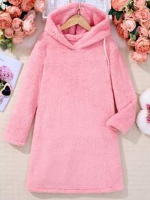 SHEIN 女大童素色連帽絨毛連帽洋裝 - 粉色 - 查看 1