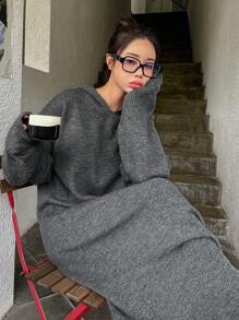 DAZY Solid Drop Shoulder Hooded Sweater Dress - Dark Grey - View 2