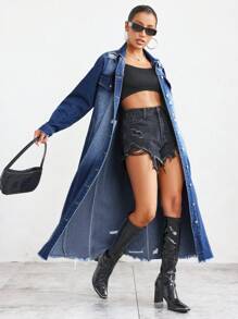 SHEIN Privé Flap Pocket Raw Hem Denim Coat - Medium Wash - View 1