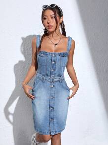SHEIN EZwear Flap Detail Pocket Side Cami Denim Dress - Medium Wash - View 4