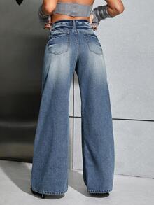 SHEIN ICON 高腰闊腿牛仔褲 - 黑色 - 查看 2