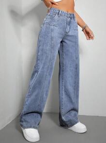 SHEIN EZwear 高腰闊腿牛仔褲 - 中等水洗藍 - 查看 6