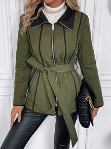 SHEIN Clasi Contrast Binding Belted Quilted Coat - Green - View 3