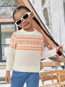 年輕女孩地理圖案插肩袖毛衣 - 橘色 - 查看 4