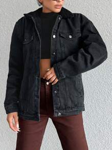 EURMUSE Flap Detail Drop Shoulder Denim Jacket - Dark Grey - View 1