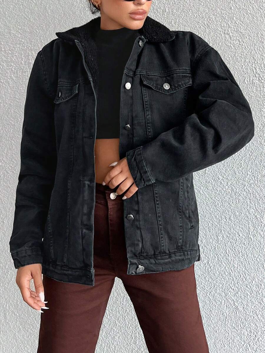 EURMUSE Flap Detail Drop Shoulder Denim Jacket - Dark Grey - View 1