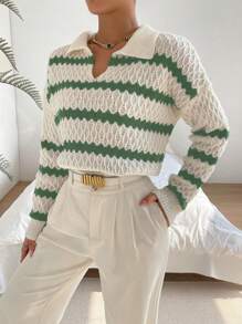 Chiquease Striped Pattern Drop Shoulder Pointelle Knit Sweater Knit Pullover Fall Winter Outfit - Green - View 6