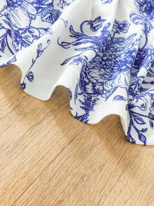 SHEIN 女嬰花和字母圖案荷葉邊洋裝和頭巾 - 藍色 - 查看 6