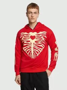 ROMWE MEN ROMWE Avant Guys Skeleton Print Hoodie, Halloween - Red - View 4