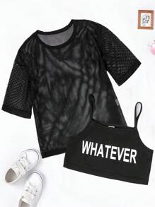 Niñas de malla Camiseta & con estampado de letra Top de tirantes - Negro - Ver 1